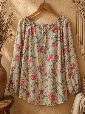 Fred David Women’s Boho Stripes & Floral‎ Print Top Size 1X 3/4 Sleeve Blouse